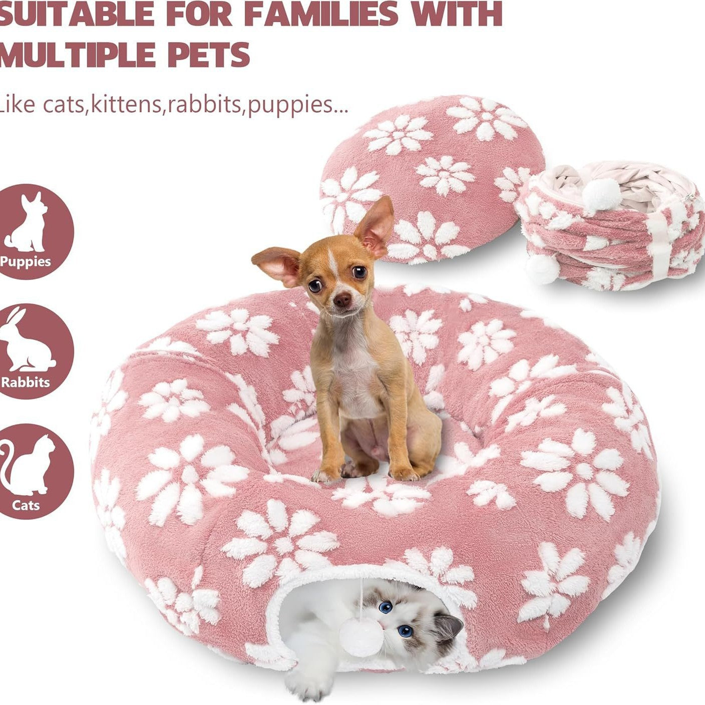 2-in-1 Donut Cat Tunnel Bed - Collapsible Interactive Play Tube & Felt Nest - Peek-a-Boo Entertainment Toy for Indoor Cats & Kittens