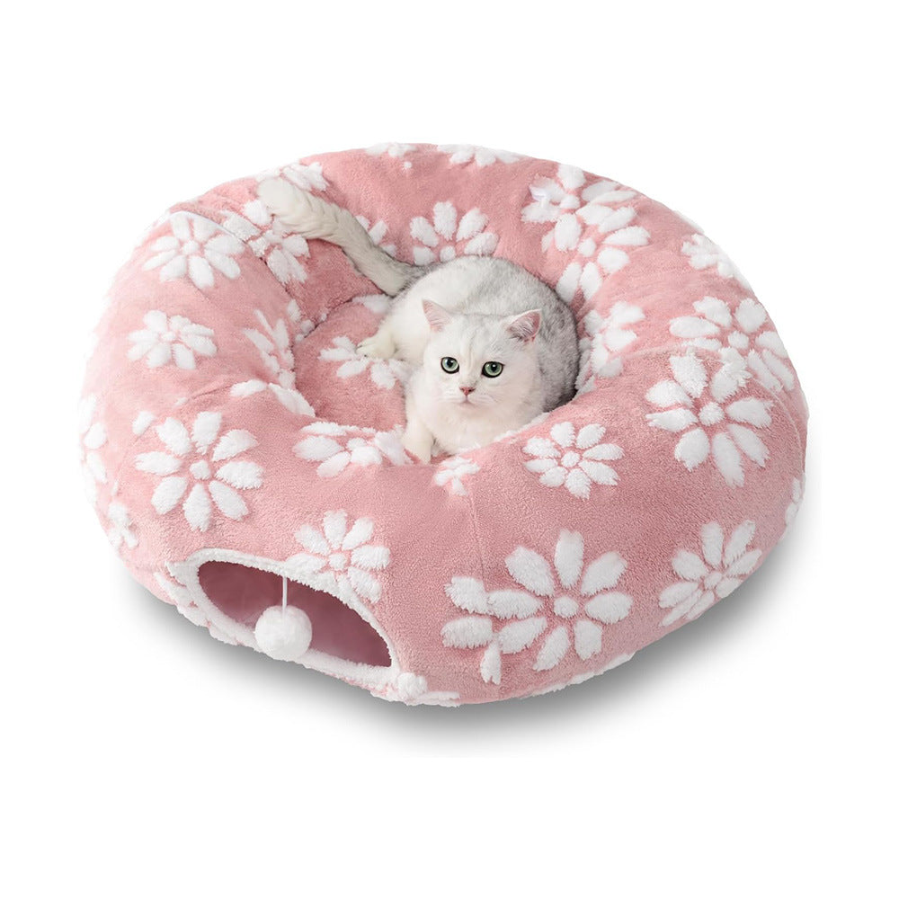 2-in-1 Donut Cat Tunnel Bed - Collapsible Interactive Play Tube & Felt Nest - Peek-a-Boo Entertainment Toy for Indoor Cats & Kittens