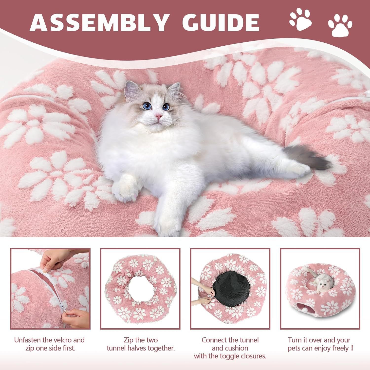 2-in-1 Donut Cat Tunnel Bed - Collapsible Interactive Play Tube & Felt Nest - Peek-a-Boo Entertainment Toy for Indoor Cats & Kittens