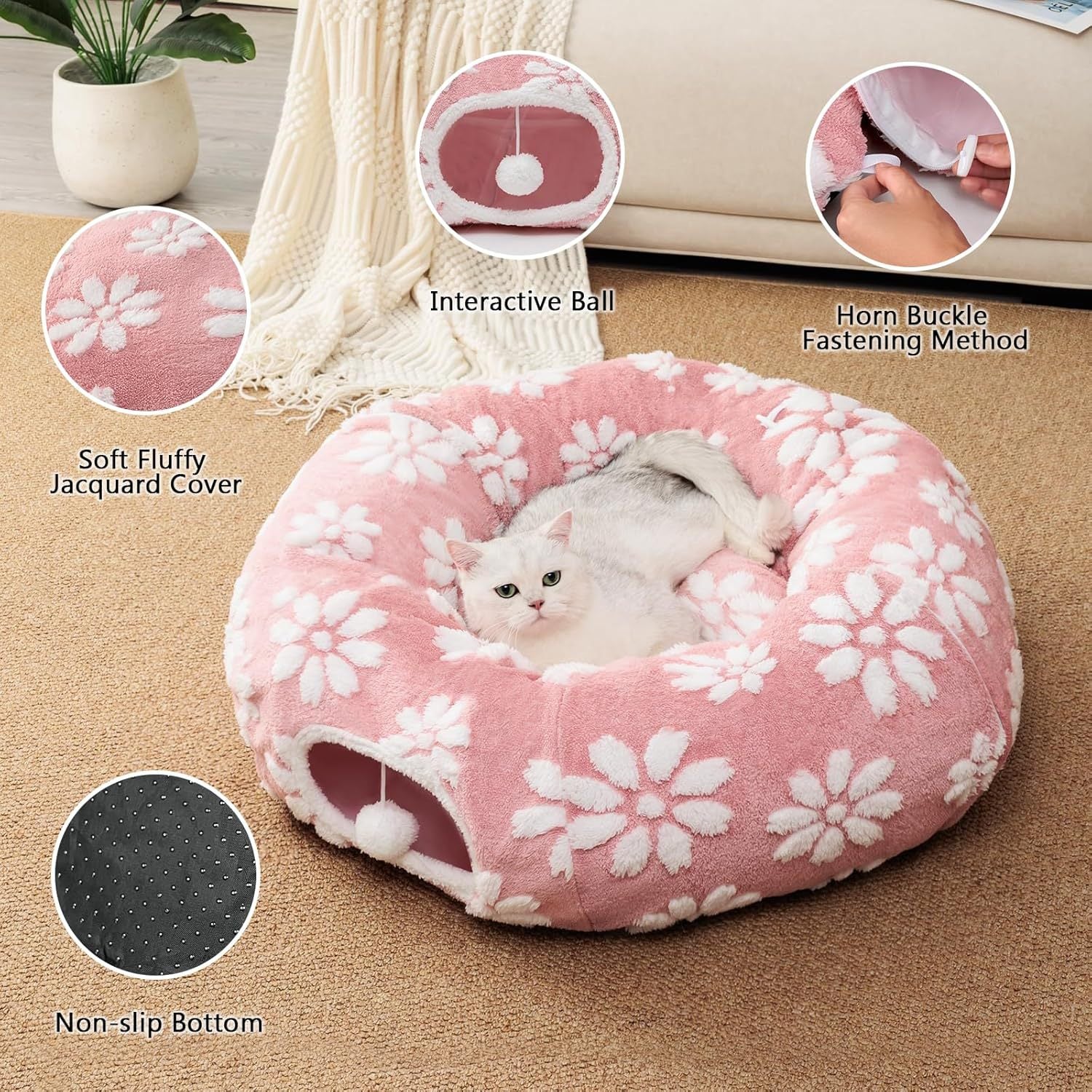 2-in-1 Donut Cat Tunnel Bed - Collapsible Interactive Play Tube & Felt Nest - Peek-a-Boo Entertainment Toy for Indoor Cats & Kittens